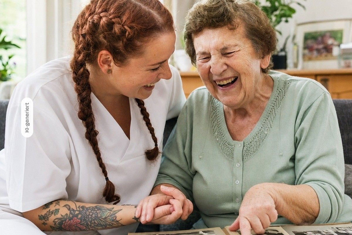 KI-generiert: Eine Pflegekraft sieht sich lachend mit einer Seniorin ein altes Fotoalbum an