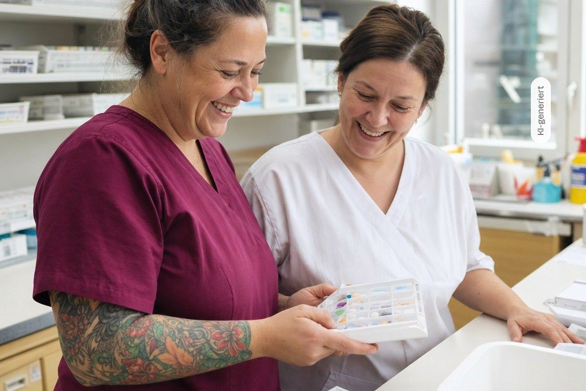 KI-generiert: Zwei Pflegekräfte stellen gemeinsam Medikamente in eine Dosierbox