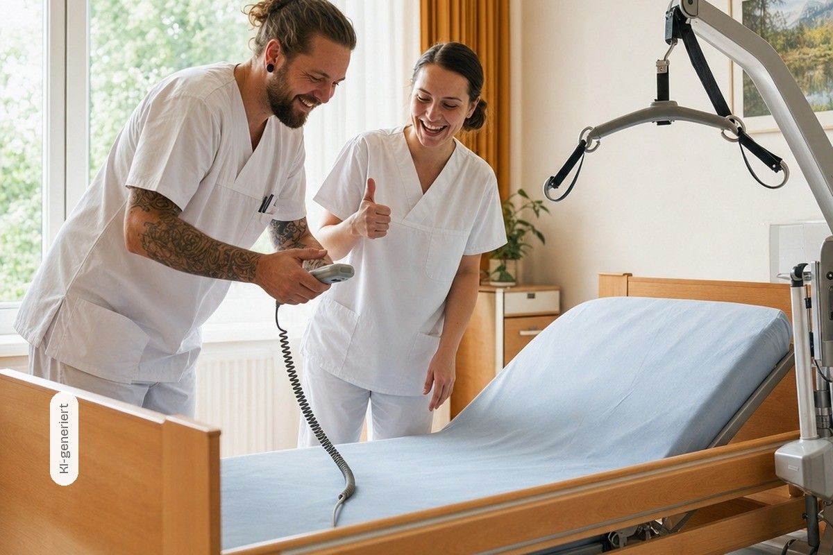 KI-generiert: Zwei Pflegekräfte richten ein Pflegebett mit Lifter ein