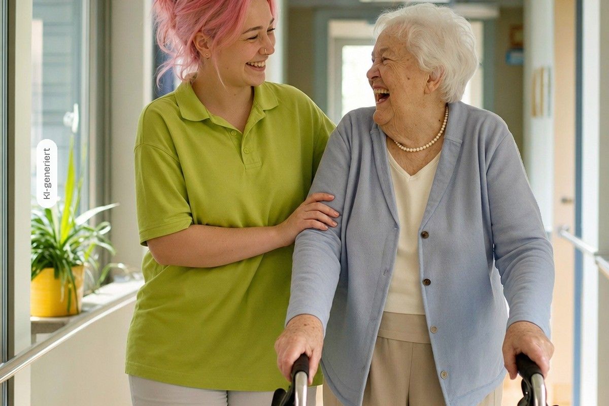 KI-generiert: Eine Pflegehelferin begleitet eine lachende Seniorin mit Rollator