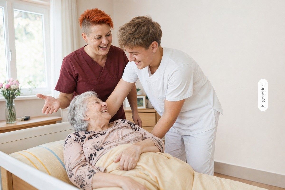 KI-generiert: Zwei Pflegekräfte lagern lachend eine Bewohnerin im Bett