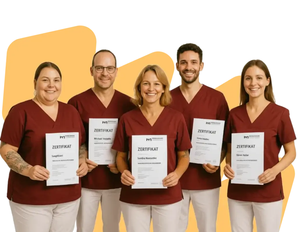Fünf Pflegekräfte halten lachend ihre Zertifikate